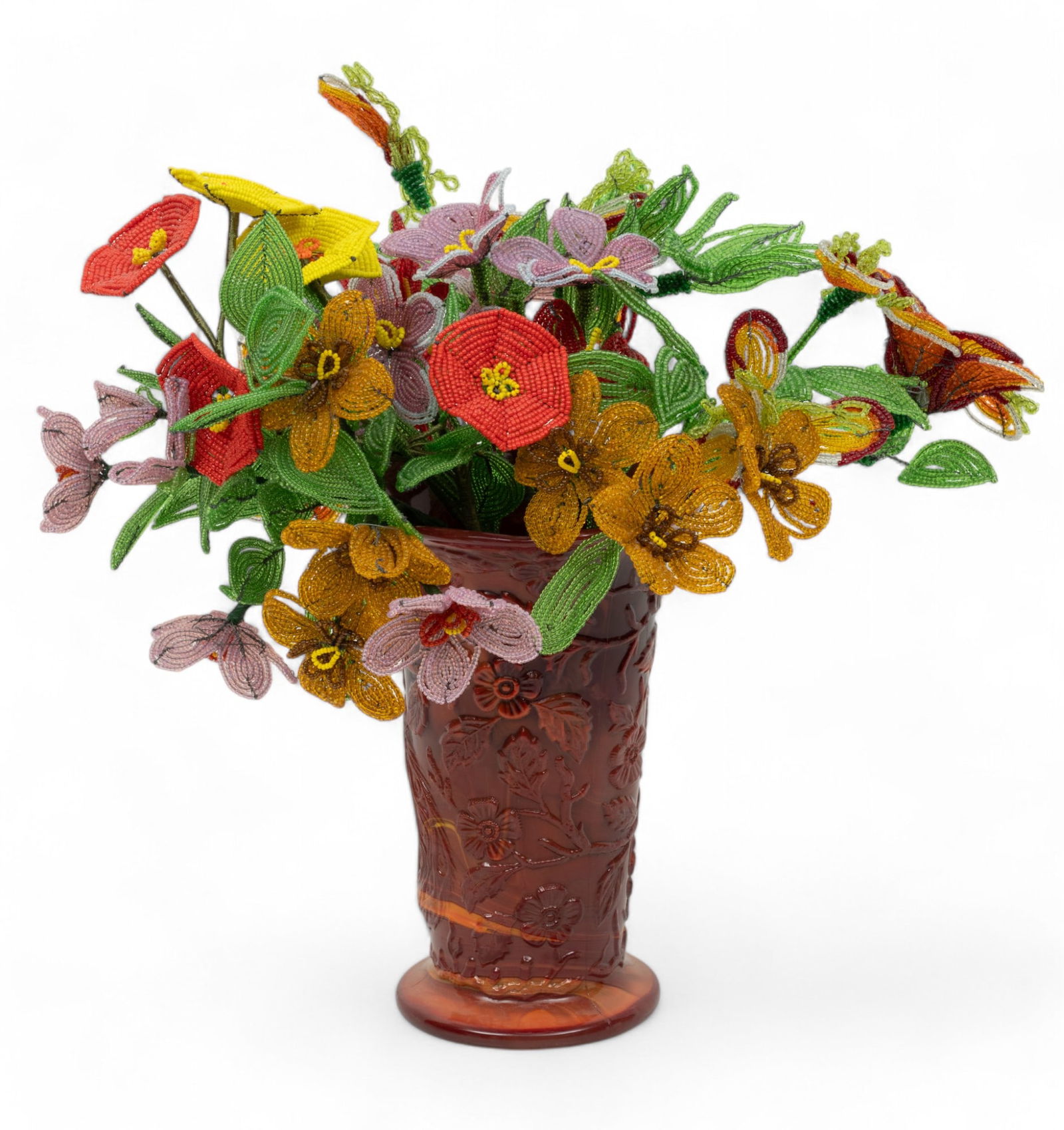 Glass Beaded Flower Bouquet in Glass Vase, 1940 H 12" (1 of 4)