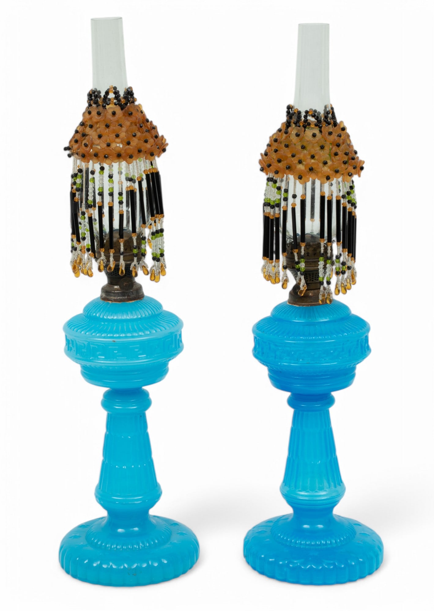 Blue Opaline Glass Table Oil Lamps, Glass Chimneys 1870 H 21" Dia. 5" 1.00 Pair (1 of 3)