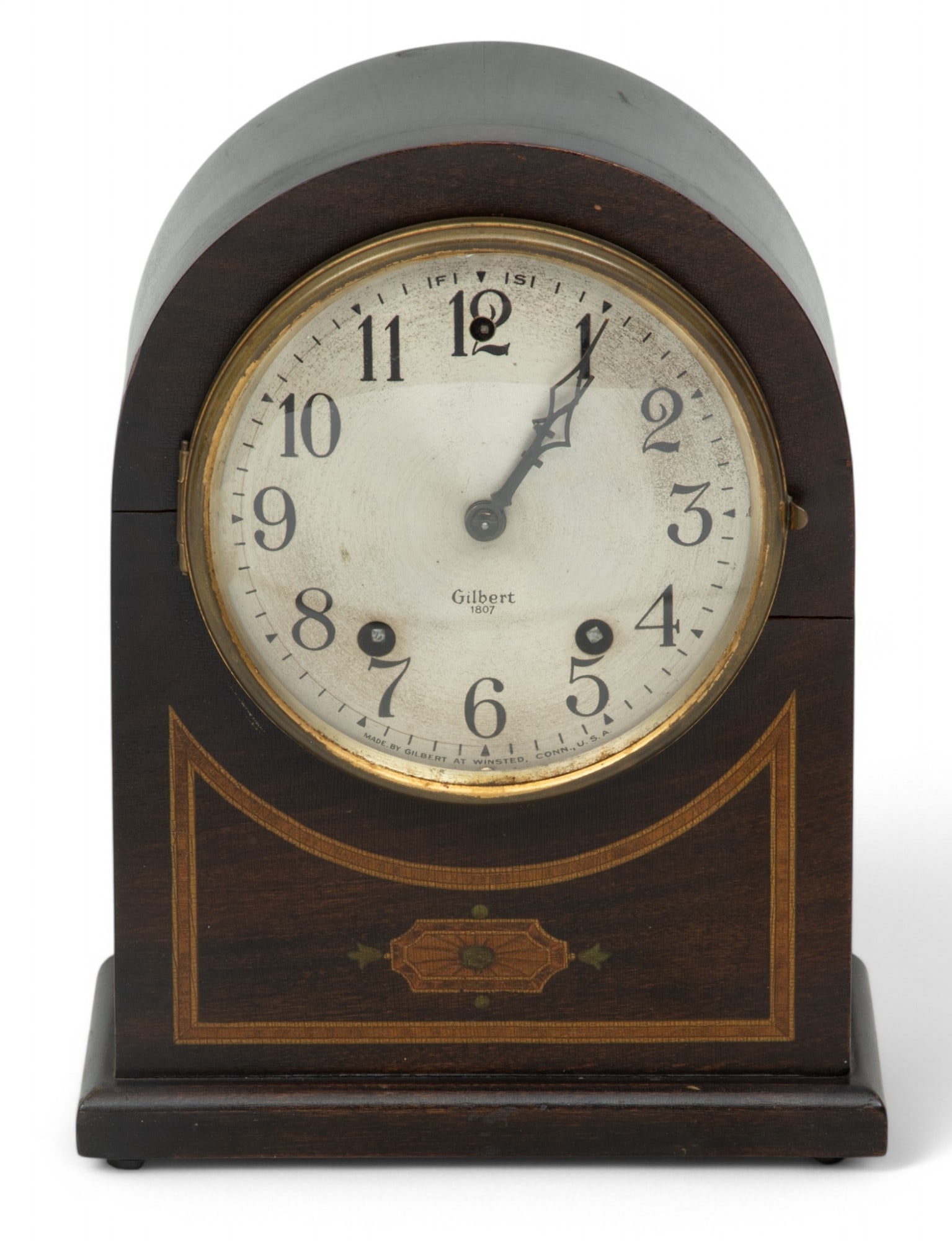 Gilbert Clock Co Mahogany Round Top 8 Day Shelf Clock H 9" W 6.5" Depth 4" (1 of 6)