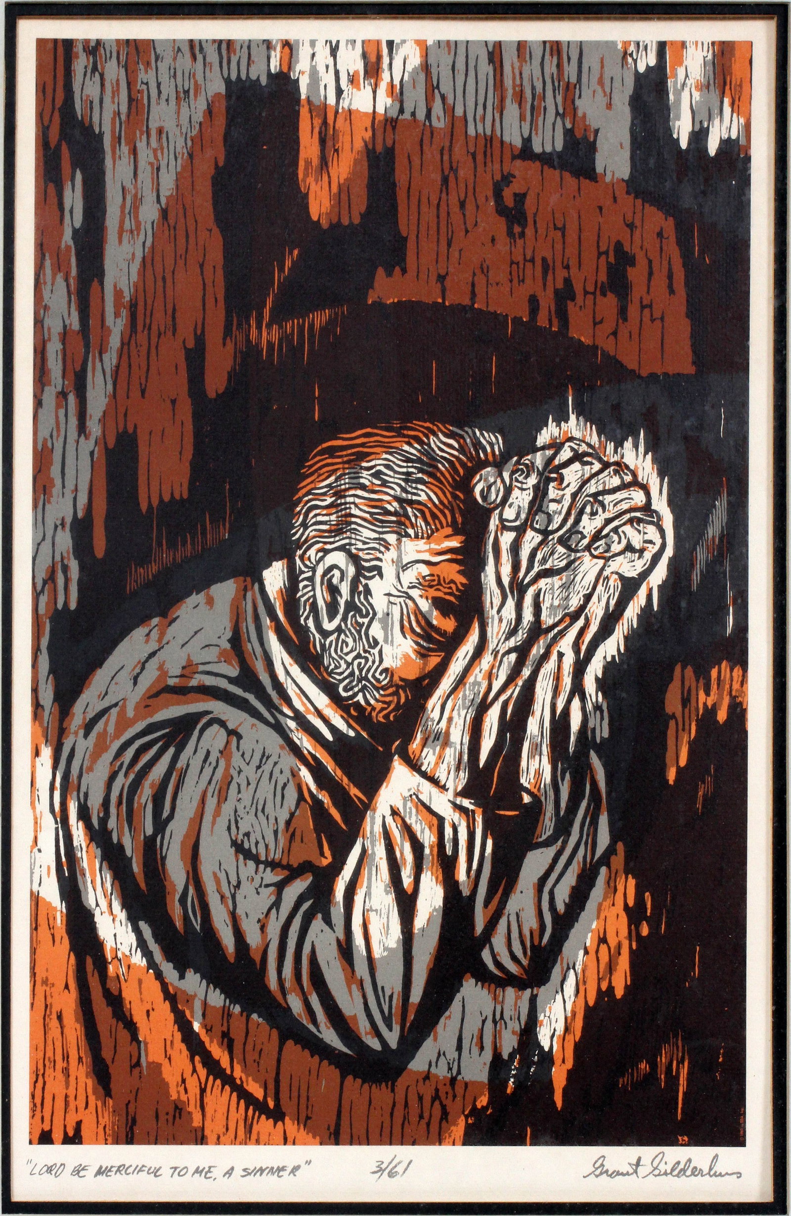 Grant Gildehus Woodblock on Paper , Ca. 1967, '"Lord Be Merciful to Me, a Sinner"' H 15" W 9.5": Grant Gildehus Woodblock on Paper , Ca. 1967, '"Lord Be Merciful to Me, a Sinner"' H 15" W 9.5" Framed, 3/61. Frame size: H 31", W 25". Dimensions: 1 x H 15" W 9.50"