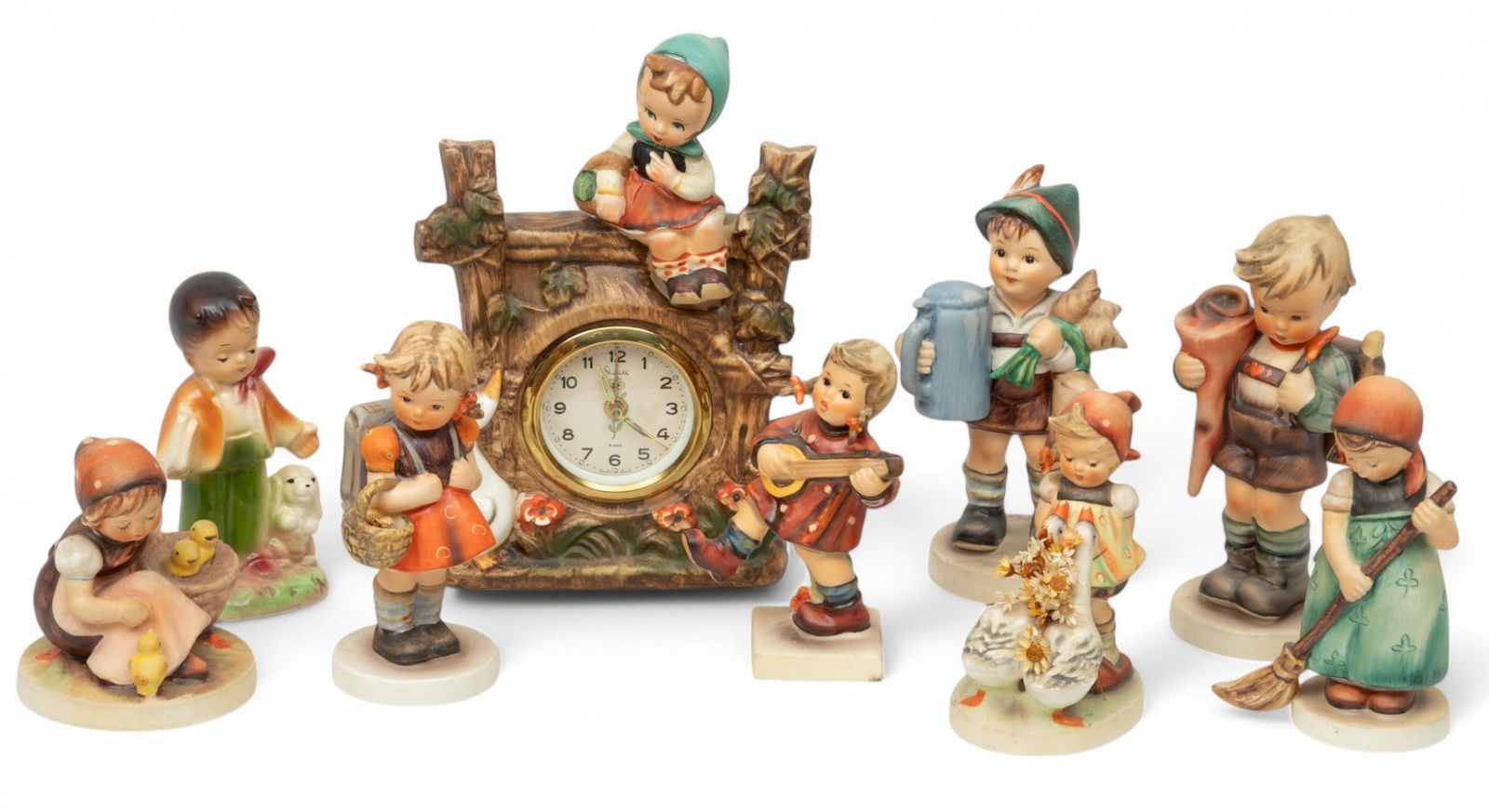 West German Goebel Painted Hummel Figurines + Hummel Style Figurine & Shelf Clock H 3.5" Dia. 3" (1 of 5)