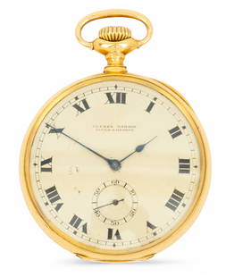 Ulysse Nardin (Locle & Geneve) 18k Yellow Gold Open Face Pocket Watch Dia. 54mm 126g: Ulysse Nardin (Locle & Geneve) 18k Yellow Gold Open Face Pocket Watch Dia. 54mm 126g The silver tone dial with notched minute markers and Roman numeral hour markers with sub seconds dial at the 6:00 p