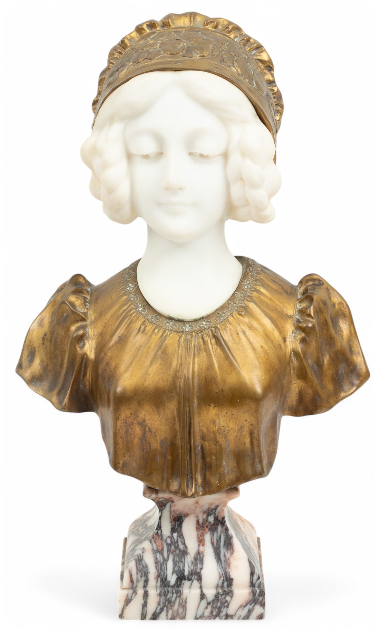 Affortunato Gory (Italian, Fl. 1895-1925) Gilt Bronze And Carved Marble Sculpture, Bust of Young Lad (1 of 5)