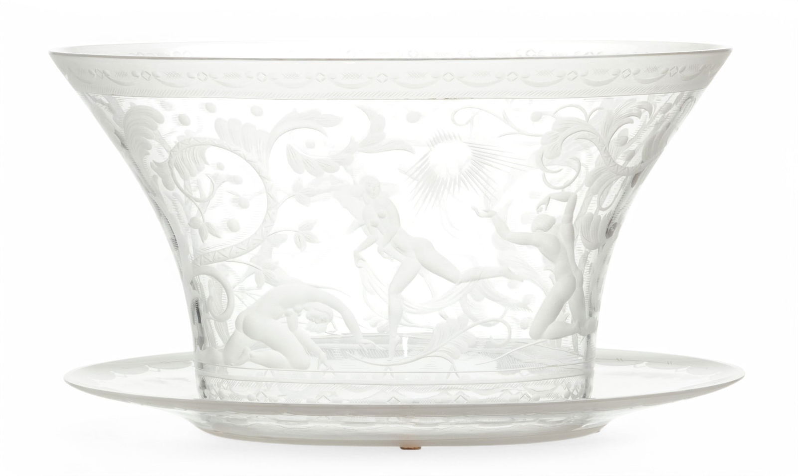 Simon Gate (Swedish, 1883-1945) for Orrefors (Swedish) Engraved Glass Centerpiece & Under Tray, 1926: Simon Gate (Swedish, 1883-1945) for Orrefors (Swedish) Engraved Glass Centerpiece & Under Tray, 1926 H 4.8" W 8.5" Depth 6.3" 2 PCS The centerpiece bowl with detailed engravings of jubilant nude figur