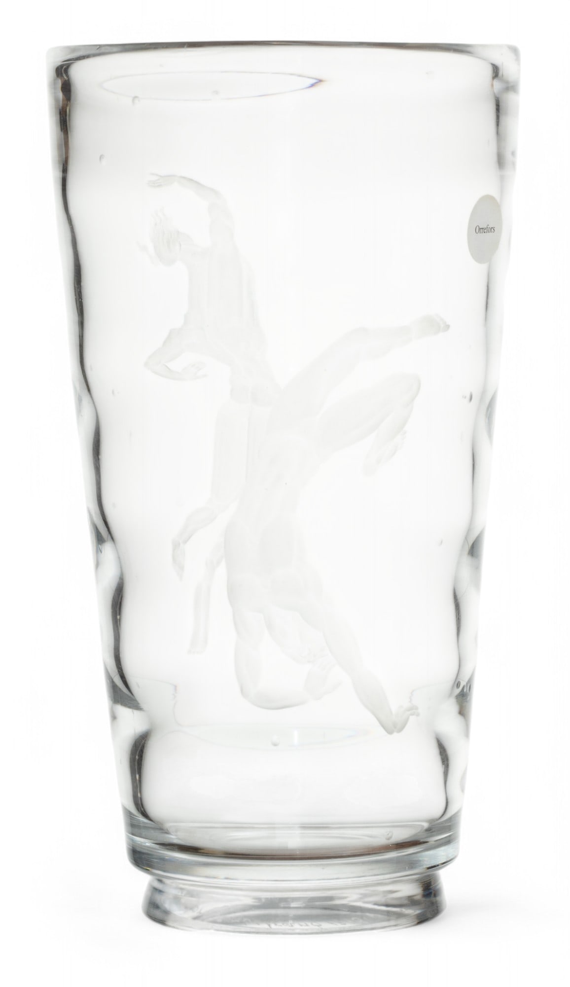 Vicke Lindstrand (Swedish, 1904-1983) for Orrefors (Swedish) Etched Glass 'Diver' Vase, Ca. 1930 H 1: Vicke Lindstrand (Swedish, 1904-1983) for Orrefors (Swedish) Etched Glass 'Diver' Vase, Ca. 1930 H 13" Dia. 7" The rippled form having two engraved nude figures swimming adjacent to air bubbles. Signe