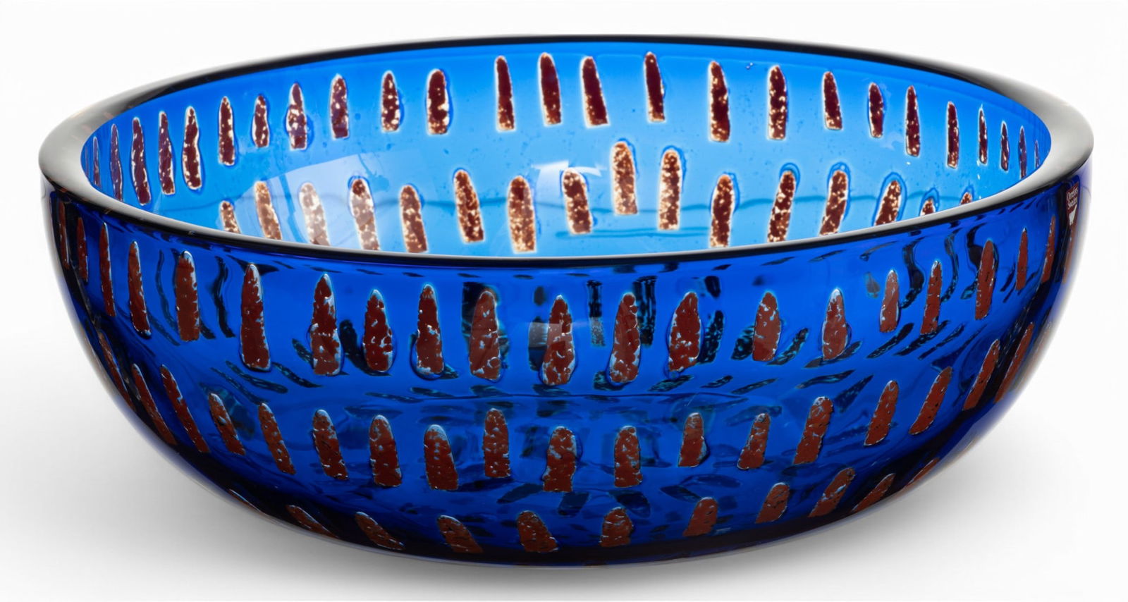 Sven Palmquist (Swedish, 1906-1984) for Orrefors (Swedish) 'Ravenna' Glass Centerpiece Bowl, 1989 H: Sven Palmquist (Swedish, 1906-1984) for Orrefors (Swedish) 'Ravenna' Glass Centerpiece Bowl, 1989 H 4.5" Dia. 12.3" The bowl of cobalt glass with encased red-orange decoration. Designed by Sven Palmqu