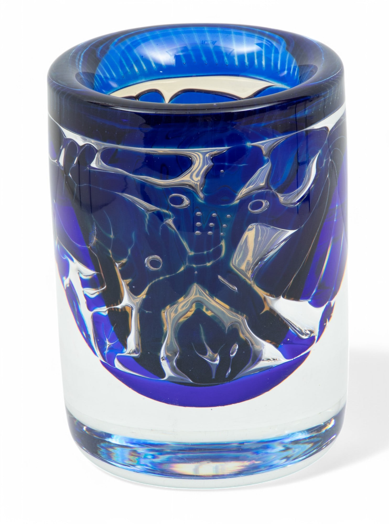 Edvin Öhrström (Swedish, 1906-1994) for Orrefors (Swedish) 'Ariel' Glass Vase, Ca. 1950 H : Edvin Öhrström (Swedish, 1906-1994) for Orrefors (Swedish) 'Ariel' Glass Vase, Ca. 1950 H 6.8" Dia. 4.5" With suspended glass bubbles in the form of a cobalt blue matador, encased in colorle