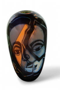 Eva Englund (Swedish, 1937-1998) for Orrefors (Swedish) 'Muraya' Graal Glass Vase, 1990, 'Dorothy' H: Eva Englund (Swedish, 1937-1998) for Orrefors (Swedish) 'Muraya' Graal Glass Vase, 1990, 'Dorothy' H 14" Dia. 8" Depicting a mother and child rendered in green, orange, and violet tone glass. Signed '