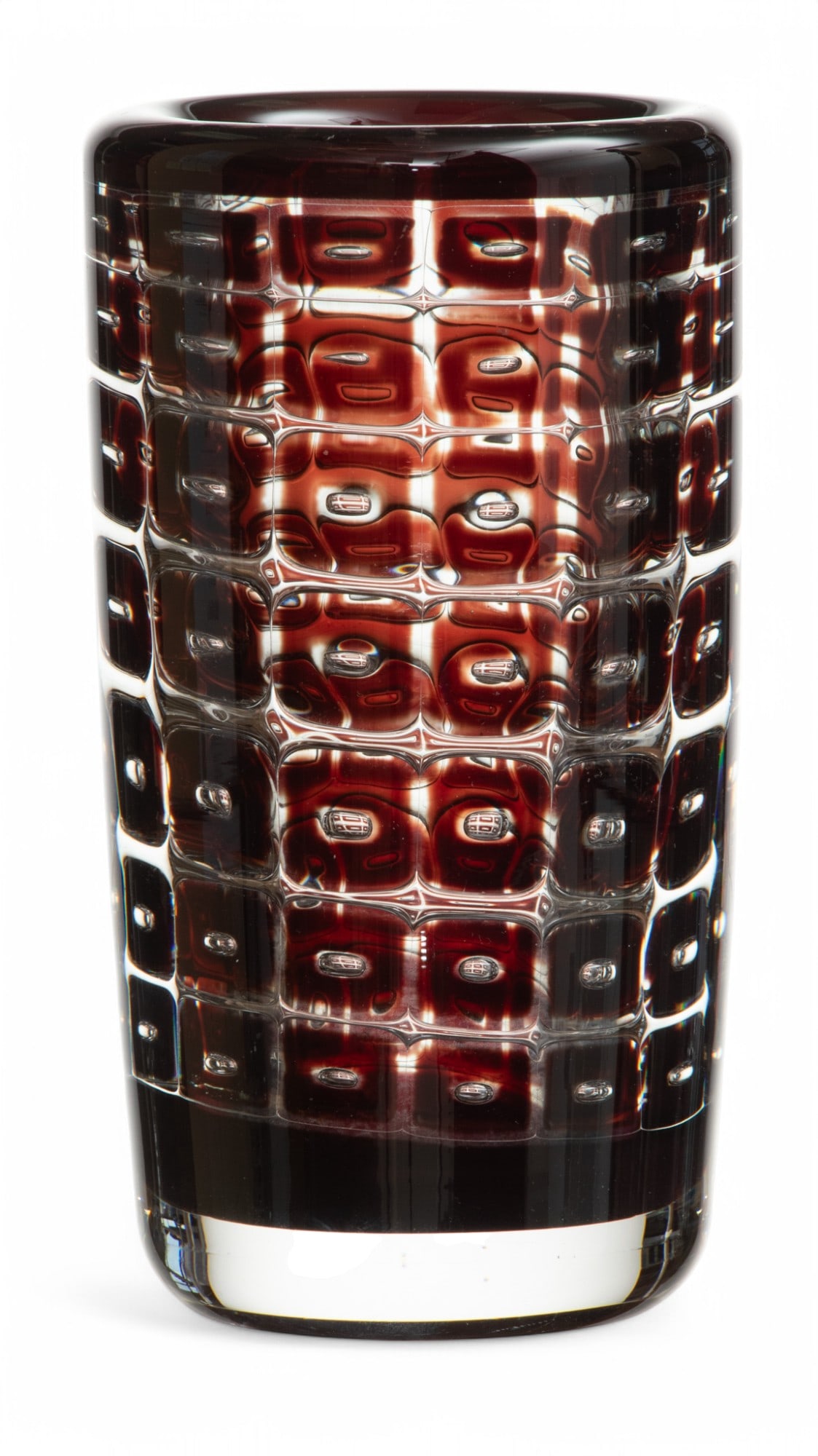 Edvin Öhrström (Swedish, 1906-1994) for Orrefors (Swedish) 'Ariel' Glass Vase, Ca. 1950 H : Edvin Öhrström (Swedish, 1906-1994) for Orrefors (Swedish) 'Ariel' Glass Vase, Ca. 1950 H 7.5" Dia. 4" With repetitious suspended air bubble forms adjacent to oxblood colored glass. Sig