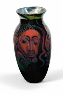 Eva Englund (Swedish, 1937-1998) for Orrefors (Swedish) 'Graal' Glass Vase H 13" Dia. 6.8": Eva Englund (Swedish, 1937-1998) for Orrefors (Swedish) 'Graal' Glass Vase H 13" Dia. 6.8" Signed Eva Englund Myan Gallery 924731, 8 - 30. Black ground large human images: man's face, mother and child