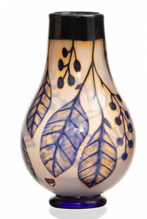 Eva Englund (Swedish, 1937-1998) for Orrefors (Swedish) 'Graal' Glass Vase H 8.5" Dia. 4.8": Eva Englund (Swedish, 1937-1998) for Orrefors (Swedish) 'Graal' Glass Vase H 8.5" Dia. 4.8" With leaf and berry fruit forms against a semi-opaque ground, having a cobalt banded lip and base. Sign