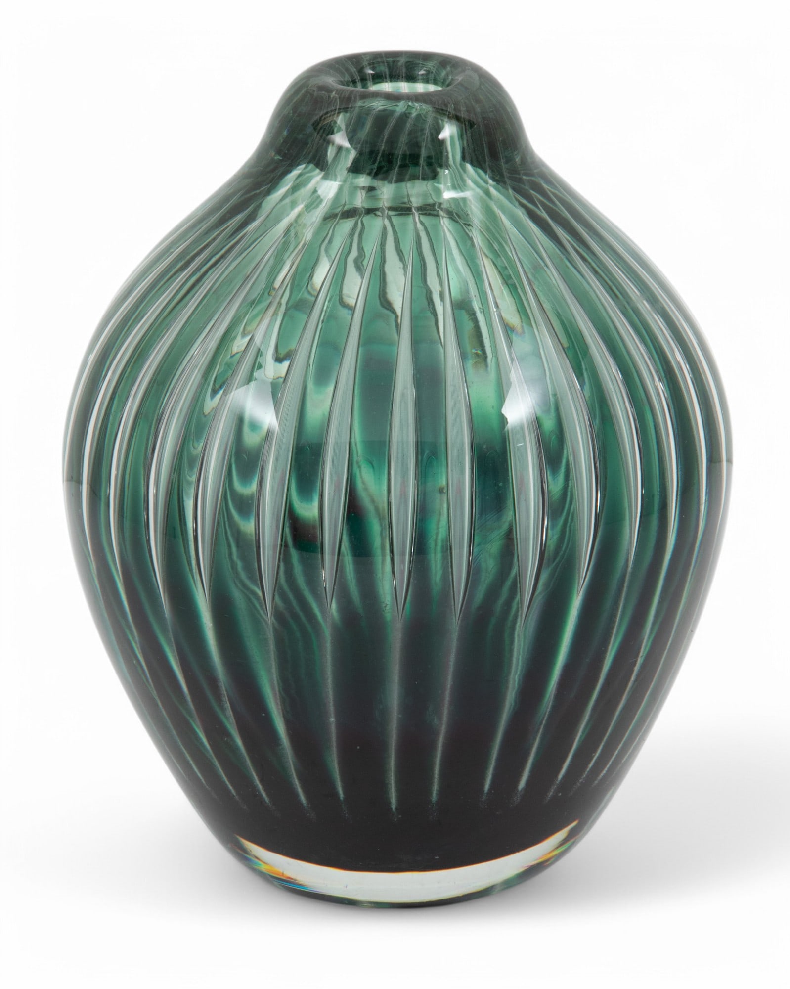 Edvin Öhrström (Swedish, 1906-1994) for Orrefors (Swedish) 'Ariel' Glass Vase, Ca. 1950 H : Edvin Öhrström (Swedish, 1906-1994) for Orrefors (Swedish) 'Ariel' Glass Vase, Ca. 1950 H 6.8" Dia. 5" With repetitious suspended vertical air bubble forms adjacent to teal colored glass. Si
