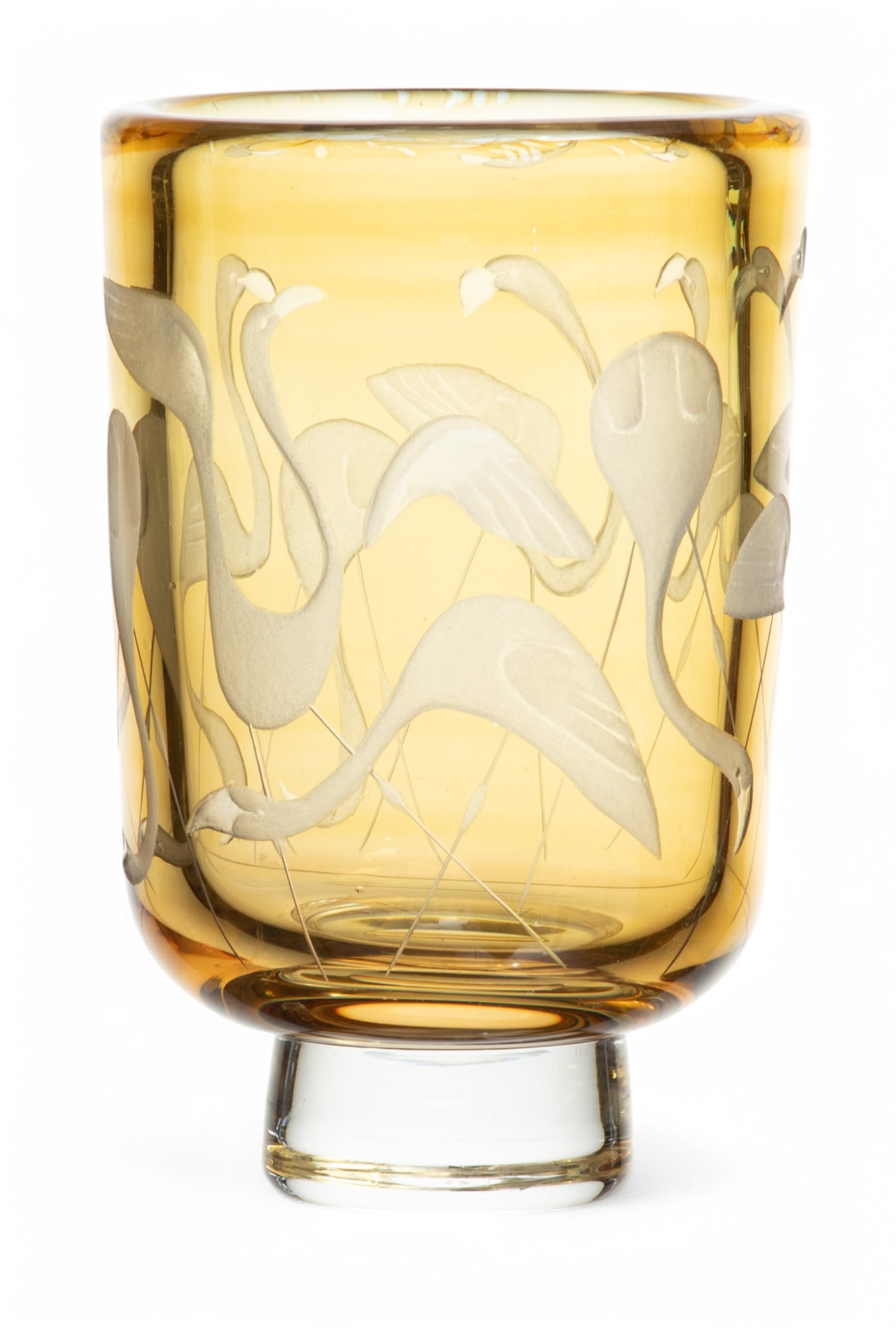 Mona Morales-Schildt (1908-1999) for Kosta (Swedish) Flamingo Etched Glass Vase, Ca. 1960 H 8" Dia. : Mona Morales-Schildt (1908-1999) for Kosta (Swedish) Flamingo Etched Glass Vase, Ca. 1960 H 8" Dia. 5" Having an etched flamingo design on a yellow-amber colored base. Signed 'Kosta 46685 Morales' inc
