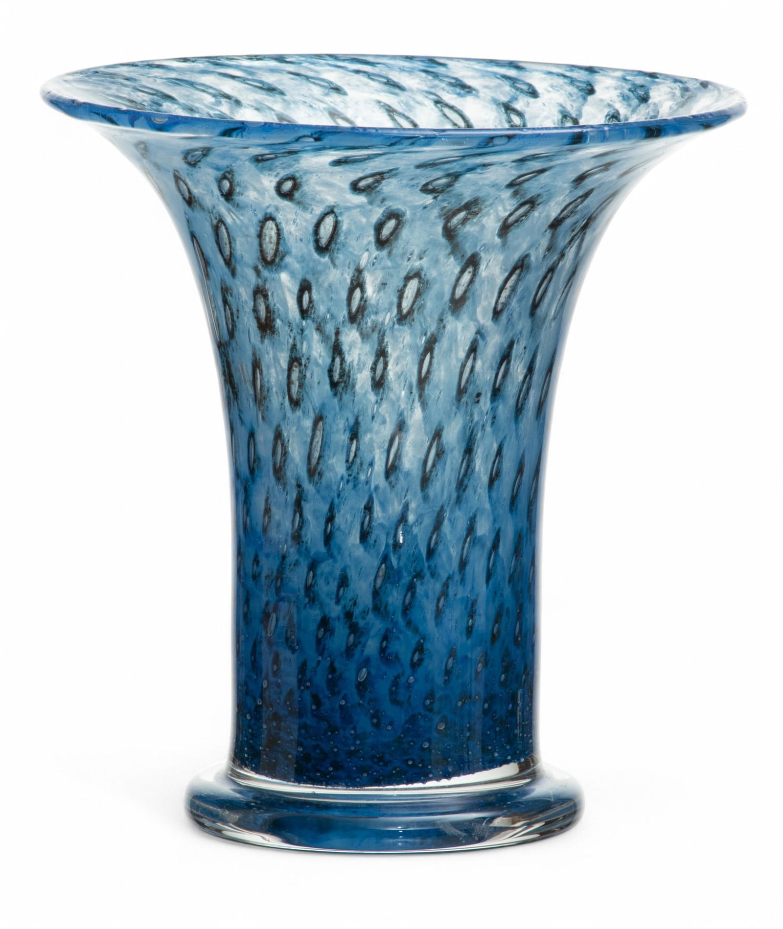 Bertil Vallien (Swedish, B. 1938) for Kosta Boda (Swedish) Blown Art Glass Vase H 6.3" Dia. 6": Bertil Vallien (Swedish, B. 1938) for Kosta Boda (Swedish) Blown Art Glass Vase H 6.3" Dia. 6" With cased blue and black air bubble design on a trumpeting rim and disc form base. Bearing artist's sign