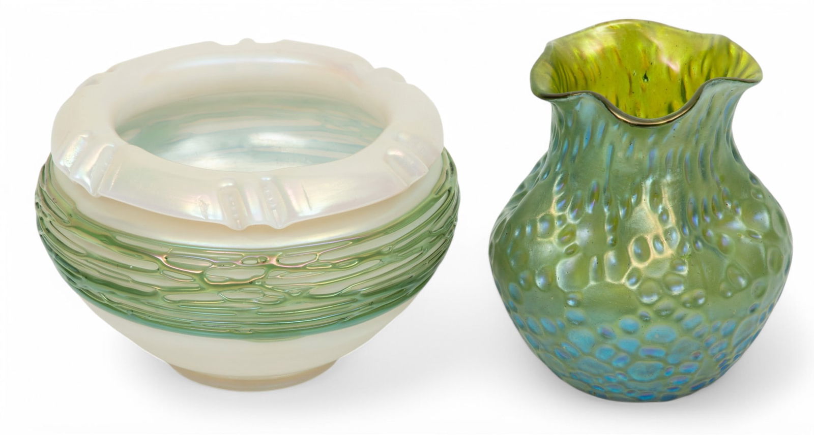 Loetz (Austrian) Diaspora Glass Vase & Kralik (Austrian) Mother-of-pearl Iridescent Glass with Green: Loetz (Austrian) Diaspora Glass Vase & Kralik (Austrian) Mother-of-pearl Iridescent Glass with Green Threading Bowl, Ca. 1900 The lot includes one Loetz diaspora glass vase and one Kralik mother-of-pe