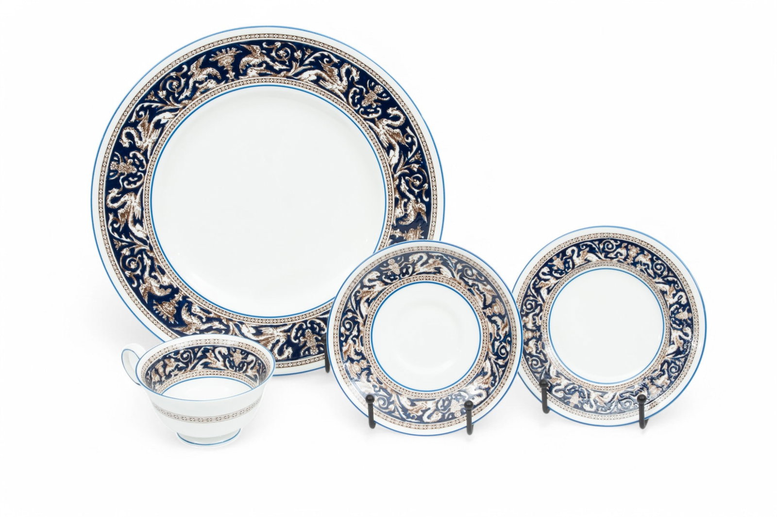 Wedgwood (English) 'Florentine' (Dark Blue) Bone China Dinner Set, Service for 8 Dia. 10.8" 42 PCS: Wedgwood (English) 'Florentine' (Dark Blue) Bone China Dinner Set, Service for 8 Dia. 10.8" 42 PCS The lot includes eight dinner plates, eight salad plates, eight bread & butter plates, nine teacu