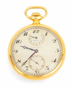 Agassiz 8-Day 18k Gold Open Face Pocket Watch Dia. 43mm 67g: Agassiz; Retailer: Mappin & Webb (English) 8-Day 18k Gold Open Face Pocket Watch Dia. 43mm 67g The silver tone dial with notched minute markers and Arabic numeral hour markers with sub seconds dial at
