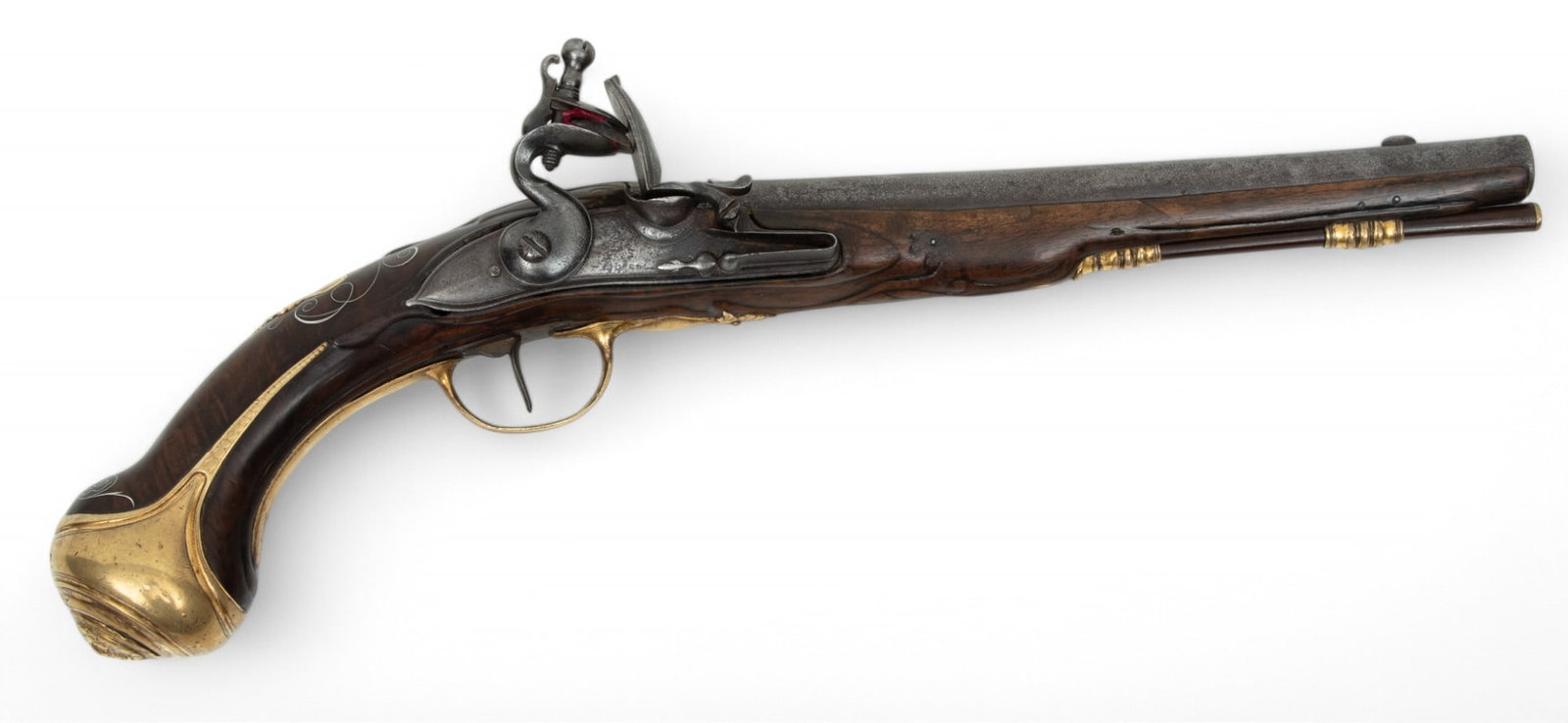 Dolep of London, Gilt Brass Mounted Flintlock Holster Pistol, Ca. 1690s L 16.8": Dolep of London, Gilt Brass Mounted Flintlock Holster Pistol, Ca. 1690s L 16.8" 9.75" circular barrel with scrolling decorative engraving. Two proof marks on the barrel, both rubbed, the upper one is 