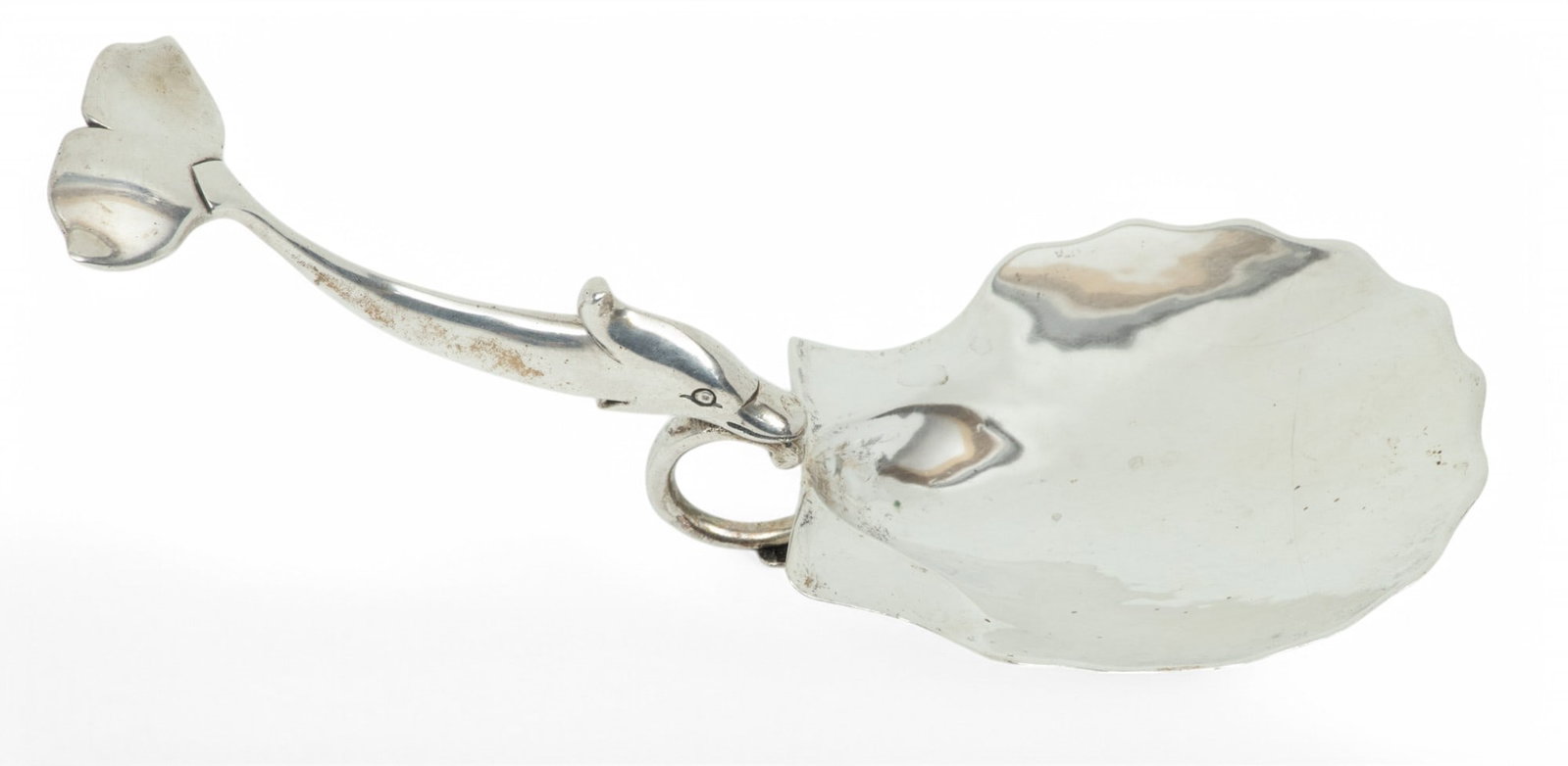 Holger Kyster (Danish, 1898-1944) .800 Silver Dolphin Spoon Wrest W 3.5" L 7" 3t oz: Holger Kyster (Danish, 1898-1944) .800 Silver Dolphin Spoon Wrest W 3.5" L 7" 3t oz Maker's mark of Holger Kyster (1898 - 1944), assay marks. Total weight: 3 troy ounces. Provenance: From the Collecti