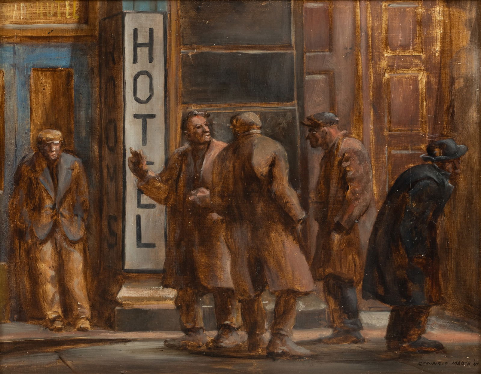 Reginald Marsh (American, 1898-1954) Oil on Board 1941, 'Hotel' H 16" W 20": Reginald Marsh (American, 1898-1954) Oil on Board 1941, 'Hotel' H 16" W 20" Five standing figures in front of a Hotel entrance. Sheldon Ross Gallery, 250 Martin Street Birmingham, Michigan, paper labe