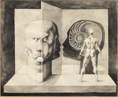 Michael Ayrton (British, 1921-1975) India Ink & Graphite on Wove Paper, 1970, 'Study for Discovery f: Michael Ayrton (British, 1921-1975) India Ink & Graphite on Wove Paper, 1970, 'Study for Discovery for Nautilus' H 15.5" W 19" Depicting that artist's rendering of the bronze sculpture, "Study for Dis