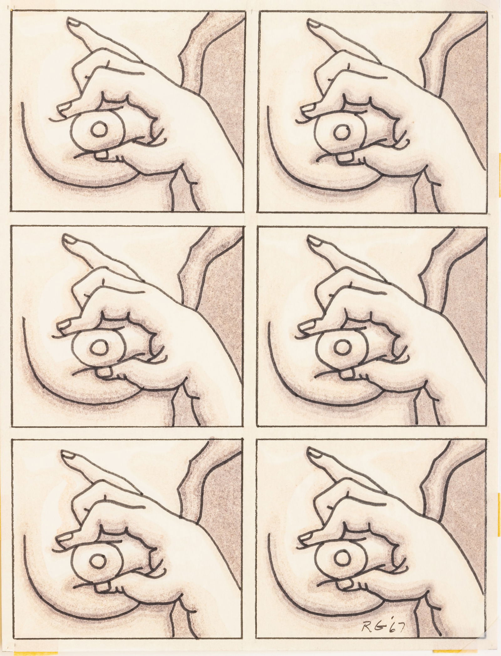 Robert Gordy (American, 1933-1986) Marker, Ink And Wash on Paper, 1967, 'Tweaking Series' H 11" W 8.: Robert Gordy (American, 1933-1986) Marker, Ink And Wash on Paper, 1967, 'Tweaking Series' H 11" W 8.5" Monogrammed and dated in the lower right. Signed at the upper sheet edge, verso. One Gilbert Lanc