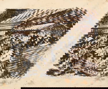 Zoltan Sepeshy (American, 1898-1953) Pen, Ink And Ink Wash on Laid Paper, 'Country Fair' H 8.8" W 11: Zoltan Sepeshy (American, 1898-1953) Pen, Ink And Ink Wash on Laid Paper, 'Country Fair' H 8.8" W 11" Signed in the lower right. Bustling market scene with vendors and patrons in the shade of a tent.