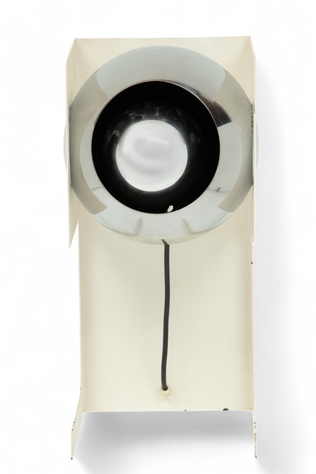 Angelo Lelli Style Eyeball Table Lamp H 14'' W 6.5'' L 7'': Angelo Lelli Style Eyeball Table Lamp H 14'' W 6.5'' L 7'' White enameled metal frame. Chromed metal housing with a single socket. Includes mirror bulb. No labels or markings. Dimensions: 1 PC x H 14'