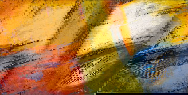 Pietro Adamo (Canadian, B. 1955) Acrylic on Board. Abstract H 18" W 36": Pietro Adamo (Canadian, B. 1955) Acrylic on Board. Abstract H 18" W 36" Signed in the lower right. Framed under glass, H 32", W 48.75". Provenance: From a Prominent Print Collector, Detroit, Michigan