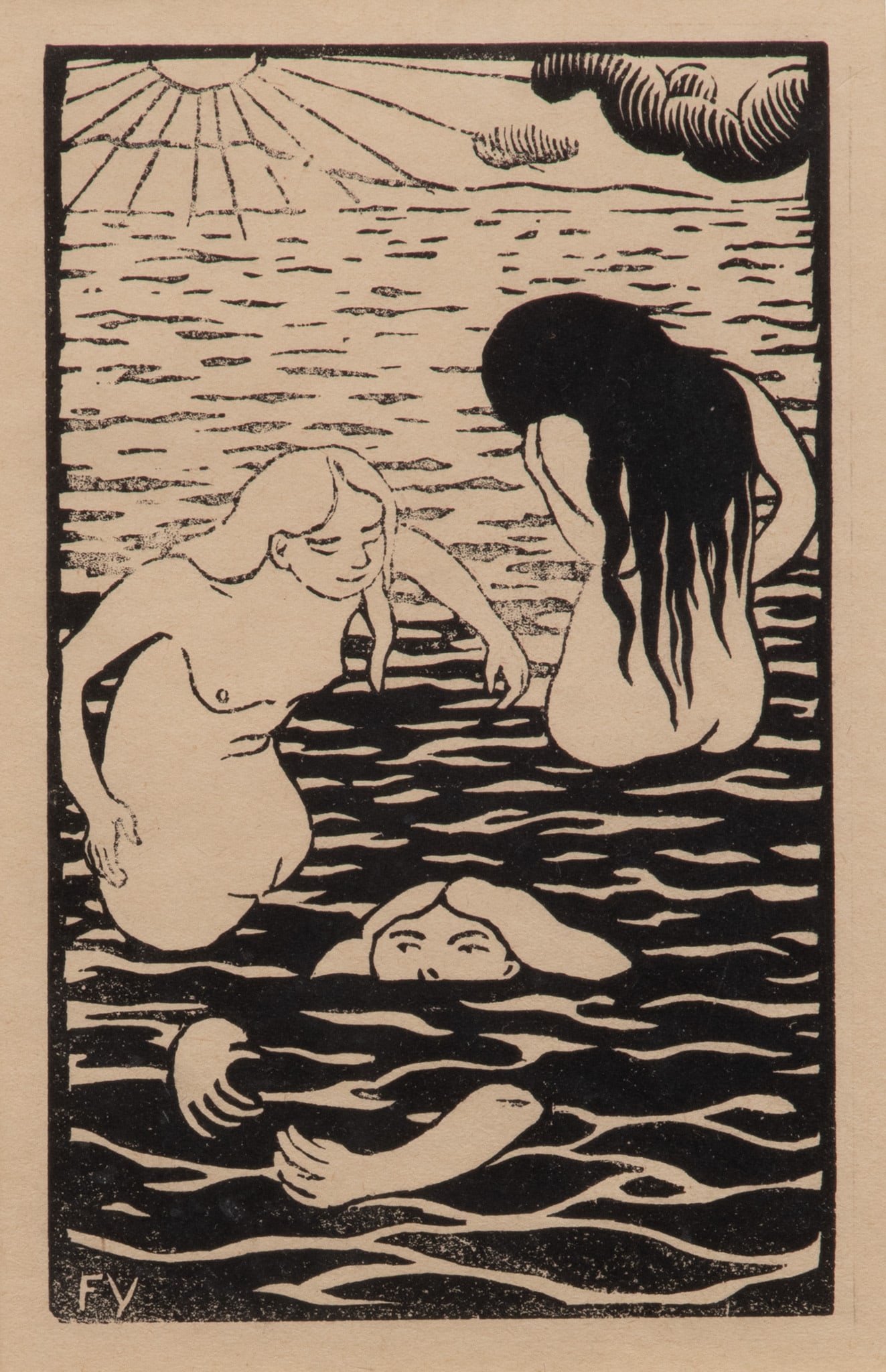 Felix Vallotton (Swiss, 1865-1925) Woodcut on Cream Wove Paper, Ca. 1894, 'Three Bathers' H 7" W 4.4 (1 of 5)