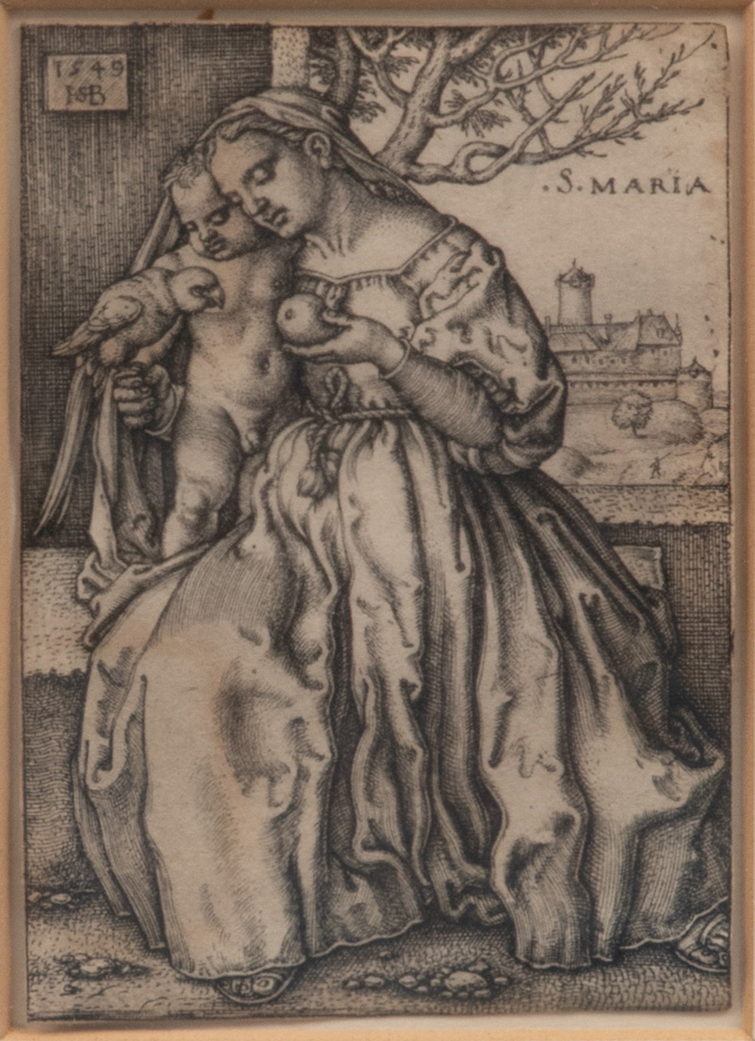 Hans Sebald Beham (German, 1500-1550) Engraving on Laid Paper, Ca. Mid 16th C., 'The Virgin And Chil: Hans Sebald Beham (German, 1500-1550) Engraving on Laid Paper, Ca. Mid 16th C., 'The Virgin And Child with the Parrot' H 3.3" W 2.3" Monogrammed and dated 1549 in the plate, upper left. Madonna and Ch