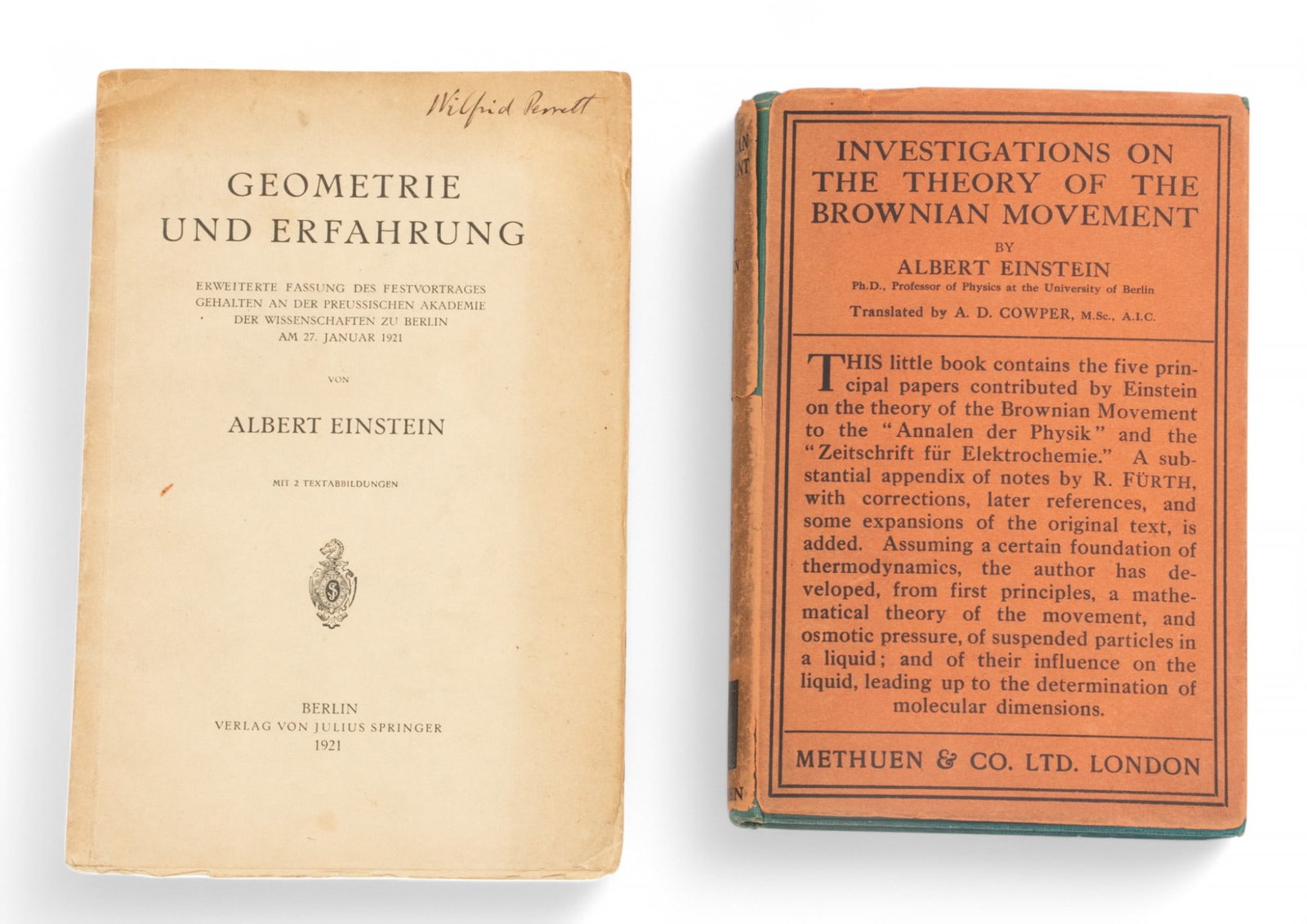 Investigations on the Theory of the Brownian Movement, by Albert Einstein, Methuen & Co., 1926, with: "Investigations on the Theory of the Brownian Movement", by Albert Einstein, Methuen & Co., 1926, with a 1921 Booklet 2 PCS Edited by R. Furth, translated by A.D. Cowper. Published by Methuen & Co
