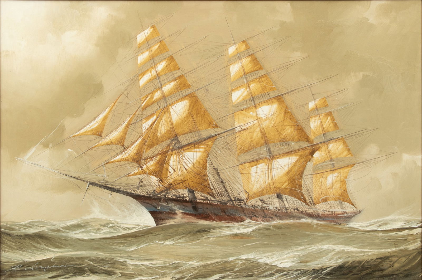 Renato Longanesi (Italian, B. 1931) Oil on Canvas, Ca. 1960, 'Clipper Ship in Rough Seas' H 24" W 36: Renato Longanesi (Italian, B. 1931) Oil on Canvas, Ca. 1960, 'Clipper Ship in Rough Seas' H 24" W 36" Signed in the lower left. Depicting a clipper ship with billowing sails, plying a rough sea. Havin