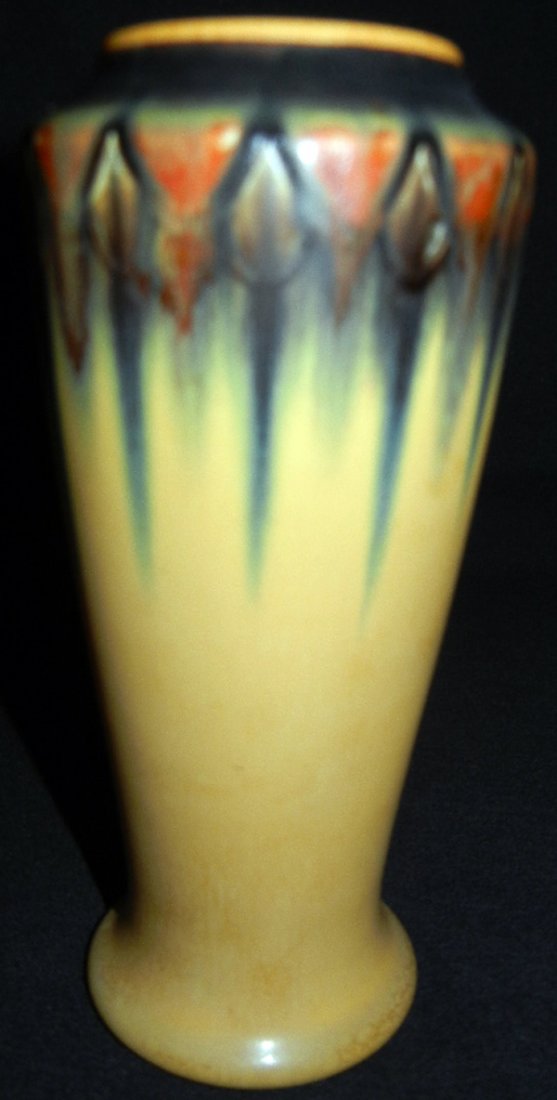 C. S. TODD, ROOKWOOD POTTERY VASE, H 6": C. S. TODD, ROOKWOOD POTTERY VASE, H 6":Teardrop design. In colors of black, green, rust, brown, green to mustard. Numbered 1356F, XIX.