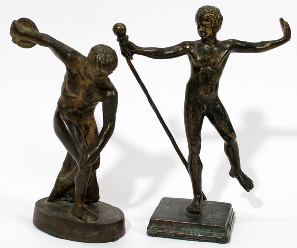 BRONZE NUDE MALE FIGURES, TWO 5" - 5 1/2": BRONZE NUDE MALE FIGURES, TWO 5" - 5 1/2":One figure standing with stick, other is a discus thrower.