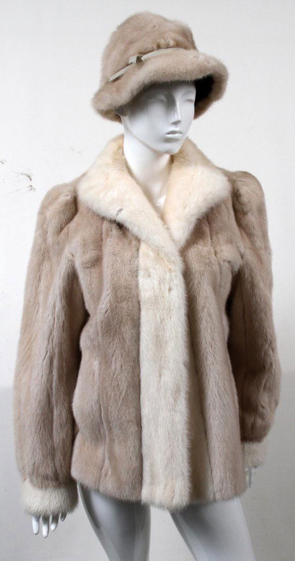 WHITE MINK AND TOURMALINE FUR JACKET, 3 PCS.: WHITE MINK AND TOURMALINE FUR JACKET, BY GAYNOR WITH FUR HAT AND SCARF, 3 PCS.:New York Fur Co. by Gaynor, Detroit label; natural letout, silk lining with monogram, 28" Long with 54" sweep at hem;