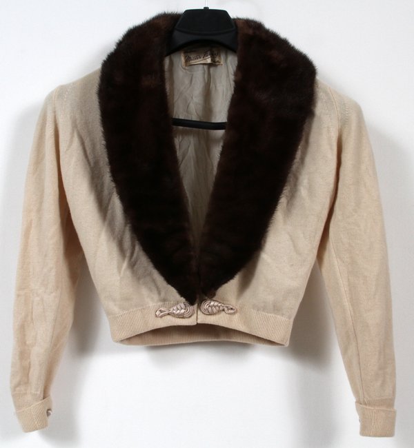 MASTER FURRIERS CASHMERE CARDIGAN W/MINK: MASTER FURRIERS CASHMERE CARDIGAN WITH MINK COLLAR:Master Furriers Duluth label.