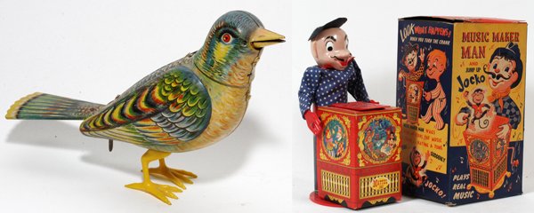 KOHLER LITHOGRAPHED TIN WIND-UP TOY BIRD, H 5": KOHLER LITHOGRAPHED TIN WIND-UP TOY BIRD, H 5", L 7 1/2", & MATTEL 'MUSIC MAKER MAN' TOY:Including 1 bird, marked at the underside, no key, and 1 "Music Maker Man/Jump Up Jocko" toy with box. Two item