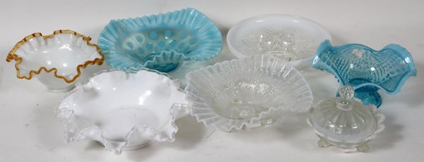 IRIDESCENT MILK GLASS & BLUE GLASS, EIGHT: IRIDESCENT MILK GLASS & BLUE GLASS, EIGHT:Two ruffled milk glass, one with clear rim & one with amber. Two iridescent centerpieces, one iridescent candy dish with lid, two blue centerpiece with ruffle