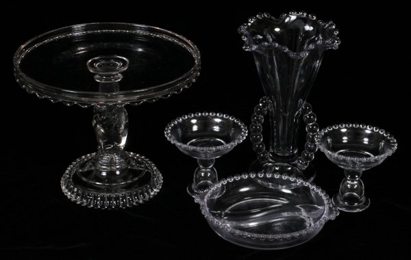 PRESSED GLASS GROUPING, FIVE, H 1 1/4" - 8 1/2": PRESSED GLASS GROUPING, FIVE, H 1 1/4" - 8 1/2":Beaded design, cake stand with hand pedestal.