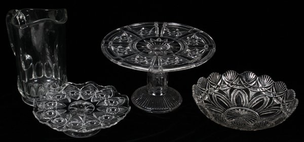 PRESSED GLASS GROUPING, FOUR, H 2" - 9": PRESSED GLASS GROUPING, FOUR, H 2" - 9":One low cake plate, one low open bowl, one cake stand & one pitcher. Designs of fan, star, beads & egg shape.