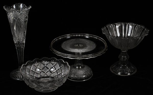 PRESSED GLASS GROUPING, FOUR, H 3 1/2" - 13": PRESSED GLASS GROUPING, FOUR, H 3 1/2" - 13":One bowl, one cake stand, one vase & one centerpiece bowl.