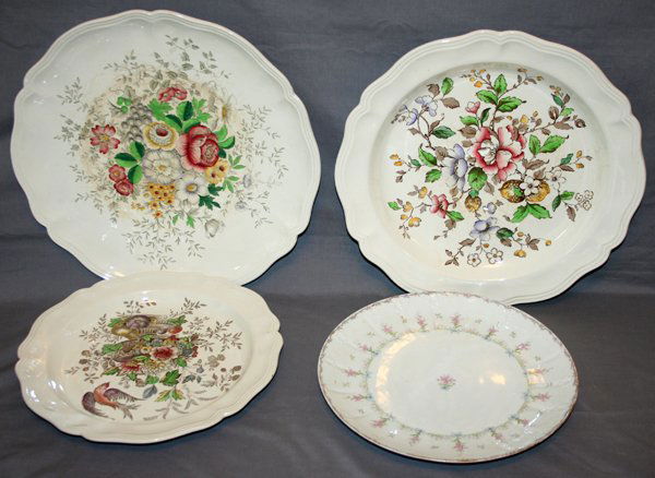 ROYAL DOULTON & LIMOGES PLATTERS, DIA 12" & 15": ROYAL DOULTON & LIMOGES EARTHENWARE & PORCELAIN PLATTERS, DIA 12" & 15":Including 1 "Hampshire" platter by Royal Doulton, Dia. 12"; 1 "Monmouth" pattern platter by Royal Doulton, Dia.15"; 1 "Malvern"