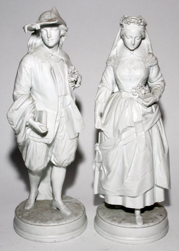 PARIAN FIGURES, 19TH C., PAIR, H 18": PARIAN FIGURES, 19TH C., PAIR, H 18":A young man and a young woman, each holds a Bible and flowers; applied manufacturer's mark in blue at the underside (see photo) and incised "Cd" on underside.