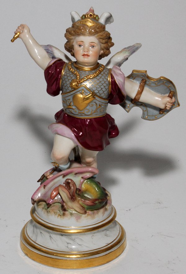 MEISSEN PORCELAIN FIGURE OF ST. GEORGE, H 8",: MEISSEN PORCELAIN FIGURE OF ST. GEORGE, LATE 19TH C., H 8", W 5 3/4":A cherubic St. George stands victoriously over a slain dragon; Blue under glaze crossed swords mark at the underside along with inc