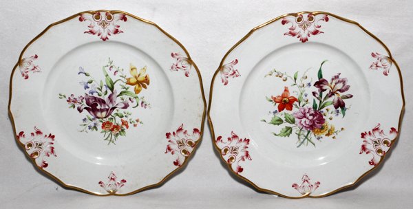 SARREGUEMINES, FRENCH FAIENCE PLATES,: SARREGUEMINES, FRENCH FAIENCE PLATES, LATE 18TH-19TH C., TWO, DIA 10 1/2":Hand-painted floral spray at the well; marked in black on the reverse (see photo).