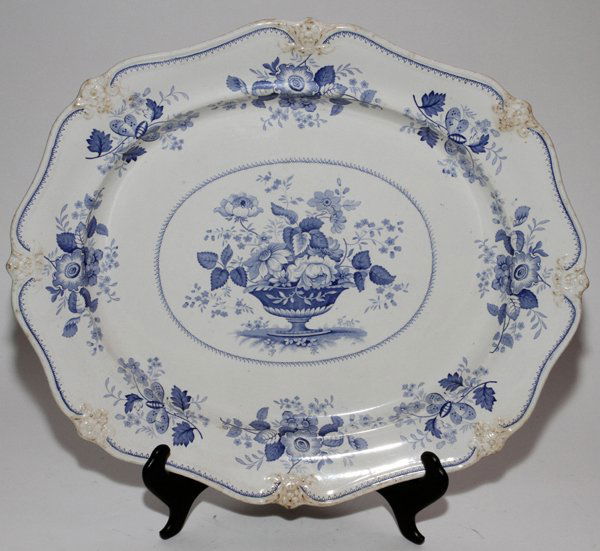 JOHN & WILLIAM RIDGWAY STAFFORDSHIRE PLATTER,: JOHN & WILLIAM RIDGWAY STAFFORDSHIRE BLUE & WHITE 'PORTLAND BASKET' PLATTER, C. 1830, L 21 3/4":Stamped in blue on the reverse "Portland Basket Opaque China/JWR" enclosed. Measures L.21 3/4" x 18 1/2"