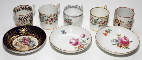 ENGLISH ANTIQUE PORCELAIN CUPS & EUROPEAN SAUCERS: ENGLISH ANTIQUE PORCELAIN CUPS (5) & EUROPEAN SAUCERS (3):Including a set of 2 Derby cups, 1 other Derby cup, 1 cup impressed "Wedgwood", and 1 other; together with a set of 2 Meissen saucers, blue un