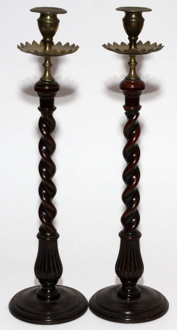 ENGLISH MAHOGANY CANDLESTICKS, LATE 19TH C.,: ENGLISH MAHOGANY CANDLESTICKS, LATE 19TH C., PAIR, H 19":Barley twist.