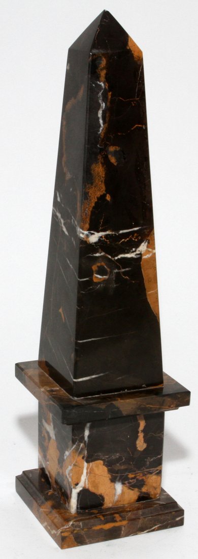 ITALIAN CLASSICAL STYLE MOTTLED BLACK MARBLE OBELISK, H: ITALIAN CLASSICAL STYLE MOTTLED BLACK MARBLE OBELISK, H 15 1/2", W 4":Marble obelisk is primarily black with caramel and white striations.